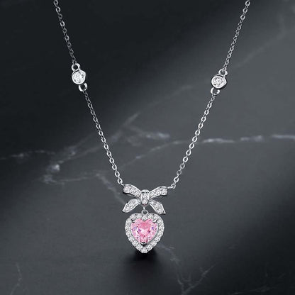 Princess Heart Shape Bow Knot Sterling Silver Plating Inlay Zircon White Gold Plated Pendant Necklace