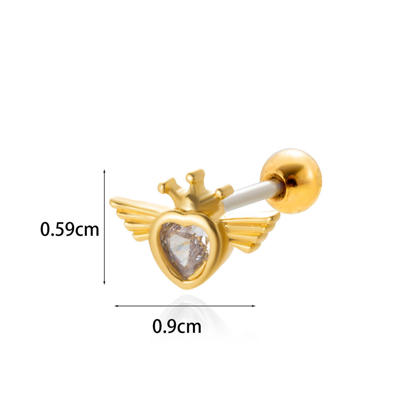 1 Piece Simple Style Classic Style Heart Shape Wings Flower Plating Inlay Stainless Steel Zircon 18k Gold Plated Ear Studs