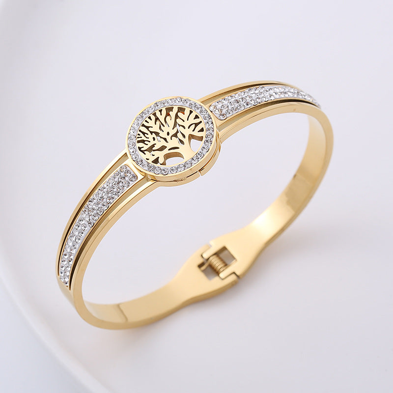 Classic Style Life Tree Stainless Steel Rhinestones 18k Gold Plated Bangle