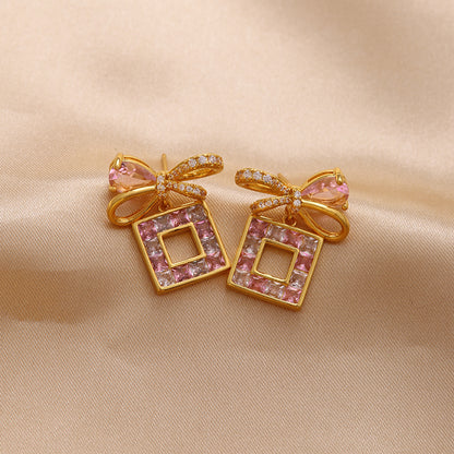 1 Pair Ig Style Luxurious Shiny Heart Shape Rose Bow Knot Plating Inlay Artificial Gemstones Copper Zircon 18k Gold Plated Ear Studs