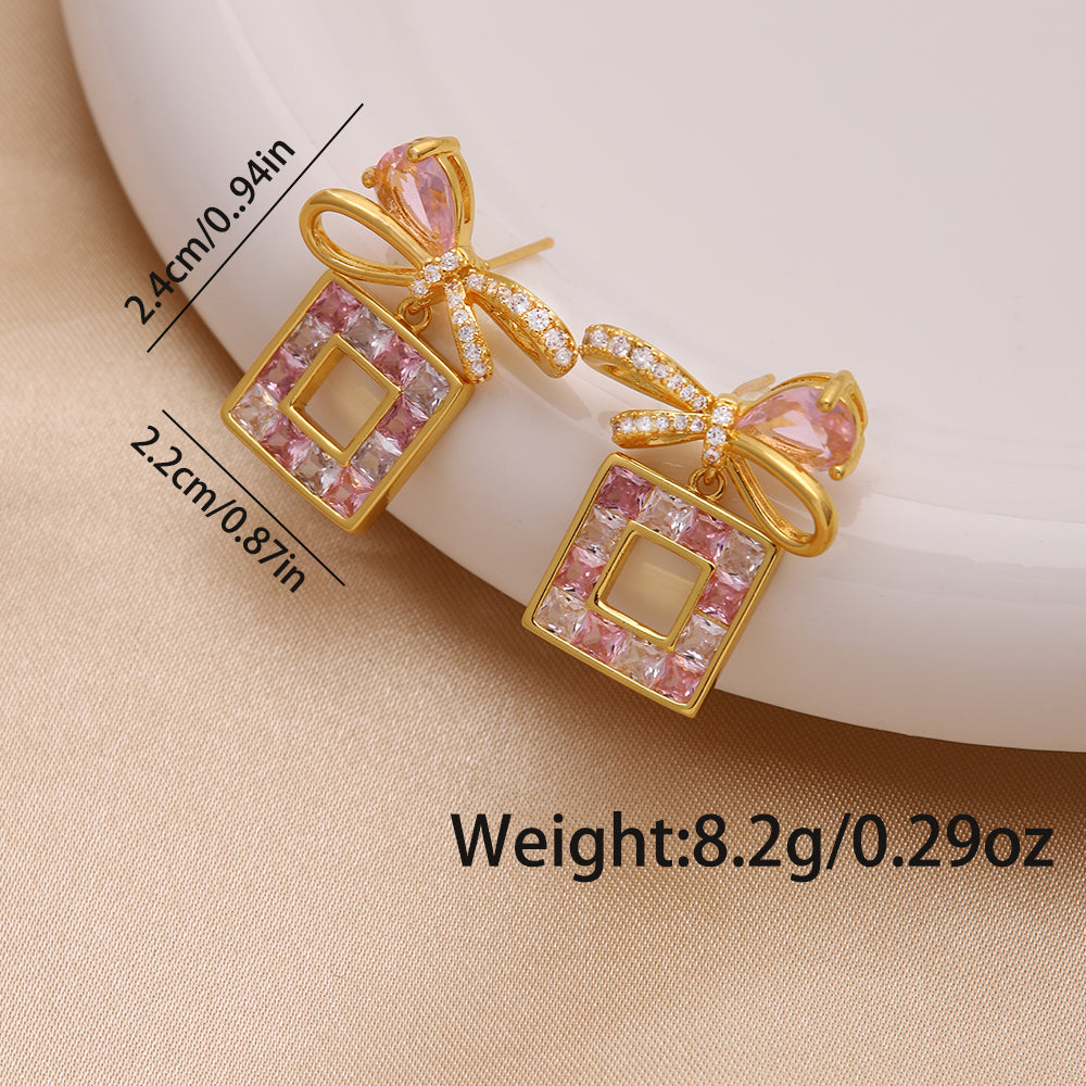 1 Pair Ig Style Luxurious Shiny Heart Shape Rose Bow Knot Plating Inlay Artificial Gemstones Copper Zircon 18k Gold Plated Ear Studs