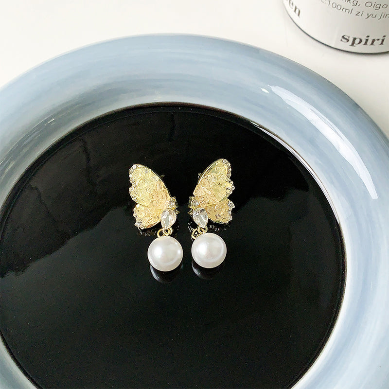 1 Pair Cute Simple Style Butterfly Plating Inlay Alloy Artificial Crystal Artificial Pearls Zircon Drop Earrings