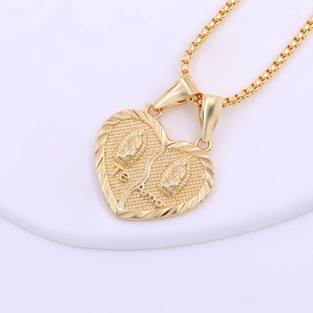 Ig Style Streetwear Cross Virgin Mary Heart Shape Copper Indentation Polishing Plating 18k Gold Plated Pendant Necklace