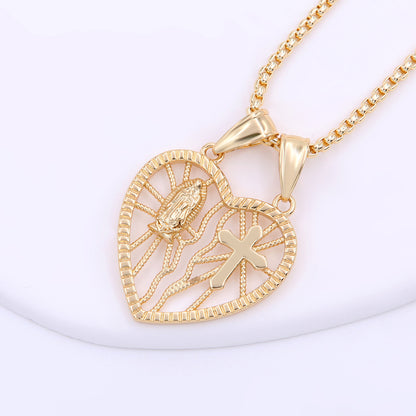 Ig Style Streetwear Cross Virgin Mary Heart Shape Copper Indentation Polishing Plating 18k Gold Plated Pendant Necklace