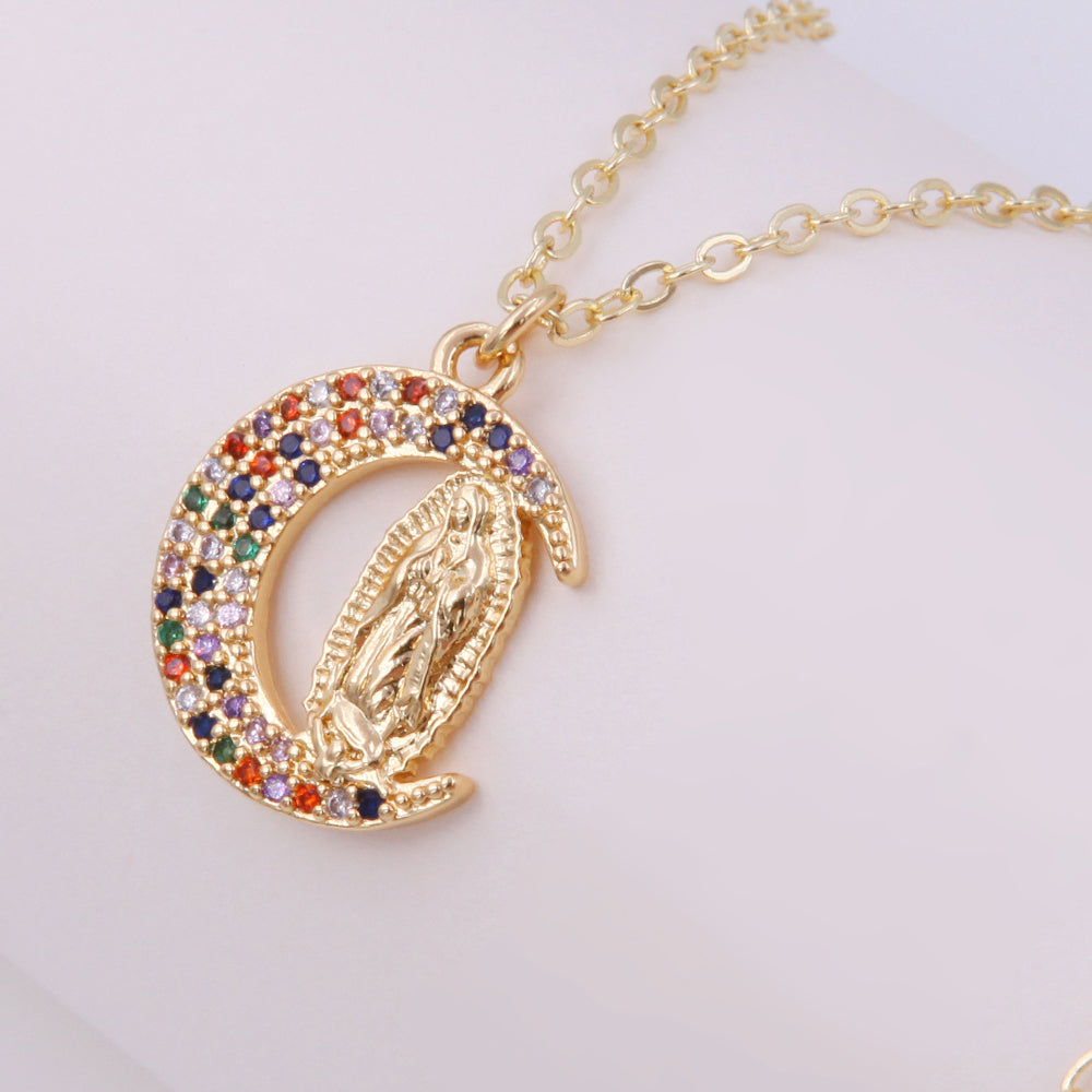 Ig Style Shiny Virgin Mary Moon Copper Plating Inlay Zircon 18k Gold Plated Pendant Necklace