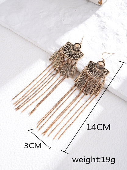 1 Pair Retro Ethnic Style Bohemian Totem Feather Chain Carving Alloy Drop Earrings