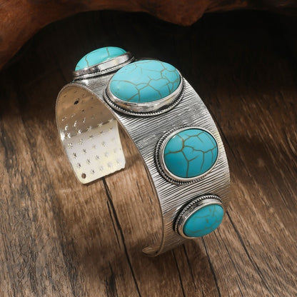 Retro Ethnic Style Oval Alloy Plating Inlay Carving Turquoise Women's Bangle