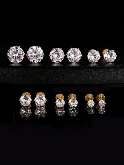 6 Pairs Casual Elegant Round Inlay Stainless Steel Zircon Gold Plated Ear Studs