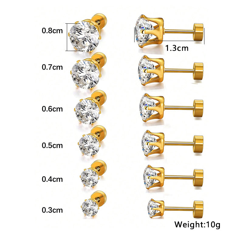 6 Pairs Simple Style Geometric Inlay Stainless Steel Zircon 14K Gold Plated Ear Studs