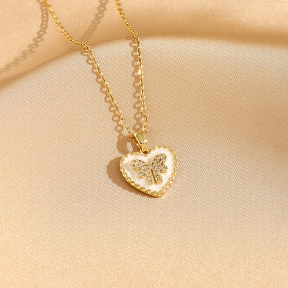 Simple Style Classic Style Geometric Oval Heart Shape Titanium Steel Plating Inlay Rhinestones Shell Zircon Gold Plated Pendant Necklace