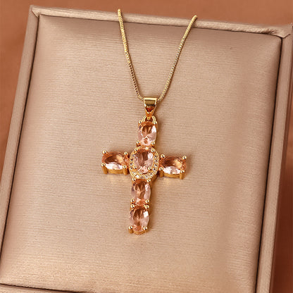 Casual Streetwear Cross Copper Inlay Zircon Pendant Necklace