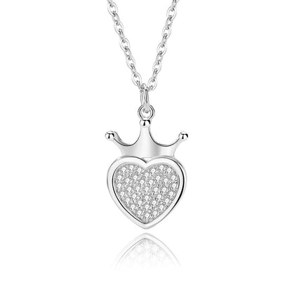 Lady Heart Shape Crown Sterling Silver Plating Inlay Zircon Pendant Necklace