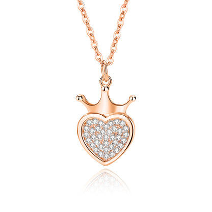 Lady Heart Shape Crown Sterling Silver Plating Inlay Zircon Pendant Necklace