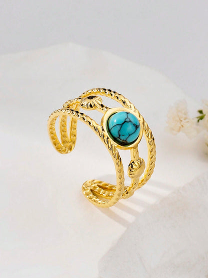 Simple Style Commute Color Block Stainless Steel Plating Inlay Turquoise 18k Gold Plated Rings