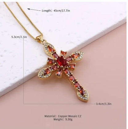 Glam Lady Shiny Cross Flower Copper 18k Gold Plated Zircon Pendant Necklace In Bulk