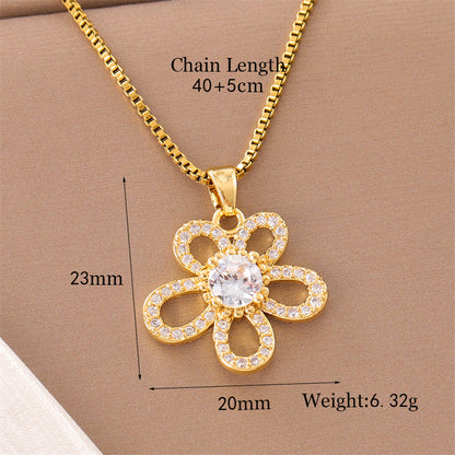 Sweet Cross Little Bear Flower Stainless Steel Enamel Plating Inlay Artificial Diamond 18k Gold Plated Pendant Necklace