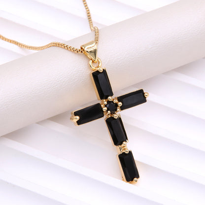 Simple Style Cross Copper Plating Inlay Glass Zircon 18k Gold Plated Pendant Necklace