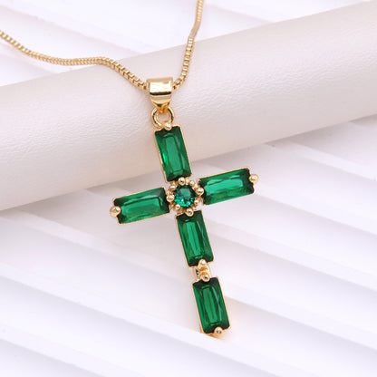 Simple Style Cross Copper Plating Inlay Glass Zircon 18k Gold Plated Pendant Necklace