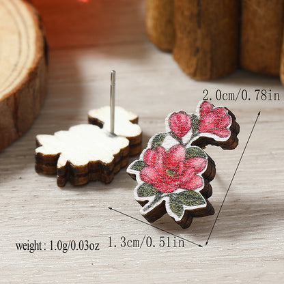 1 Pair Cute Heart Shape Flower Umbrella Painted Plating Wood Silver Plated Ear Studs