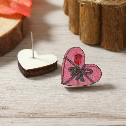 1 Pair Cute Heart Shape Flower Umbrella Painted Plating Wood Silver Plated Ear Studs