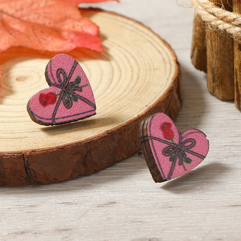 1 Pair Cute Heart Shape Flower Umbrella Painted Plating Wood Silver Plated Ear Studs