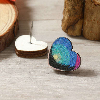 1 Pair Cute Heart Shape Flower Umbrella Painted Plating Wood Silver Plated Ear Studs