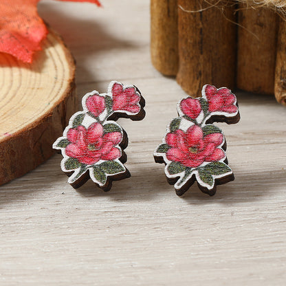 1 Pair Cute Heart Shape Flower Umbrella Painted Plating Wood Silver Plated Ear Studs