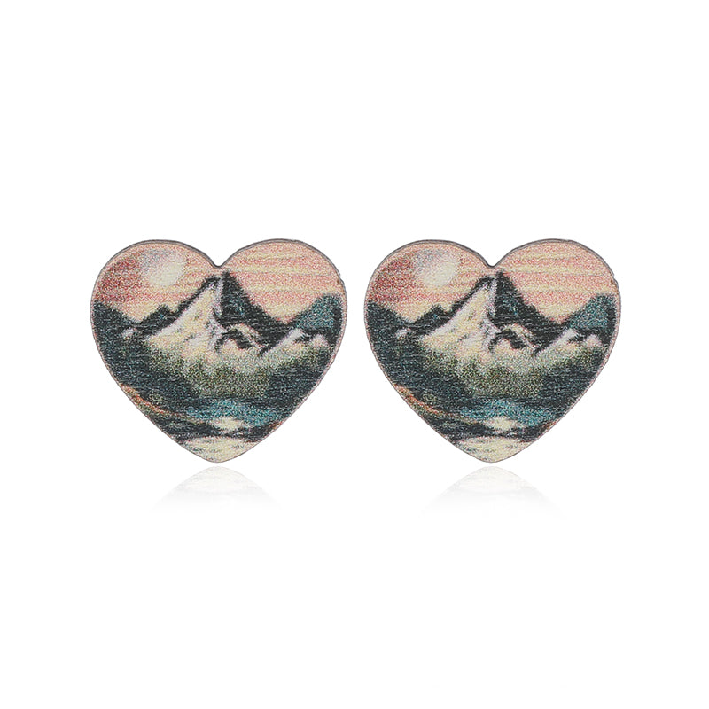 1 Pair Cute Heart Shape Flower Umbrella Painted Plating Wood Silver Plated Ear Studs