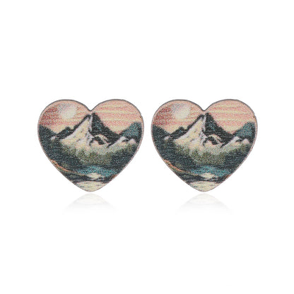 1 Pair Cute Heart Shape Flower Umbrella Painted Plating Wood Silver Plated Ear Studs