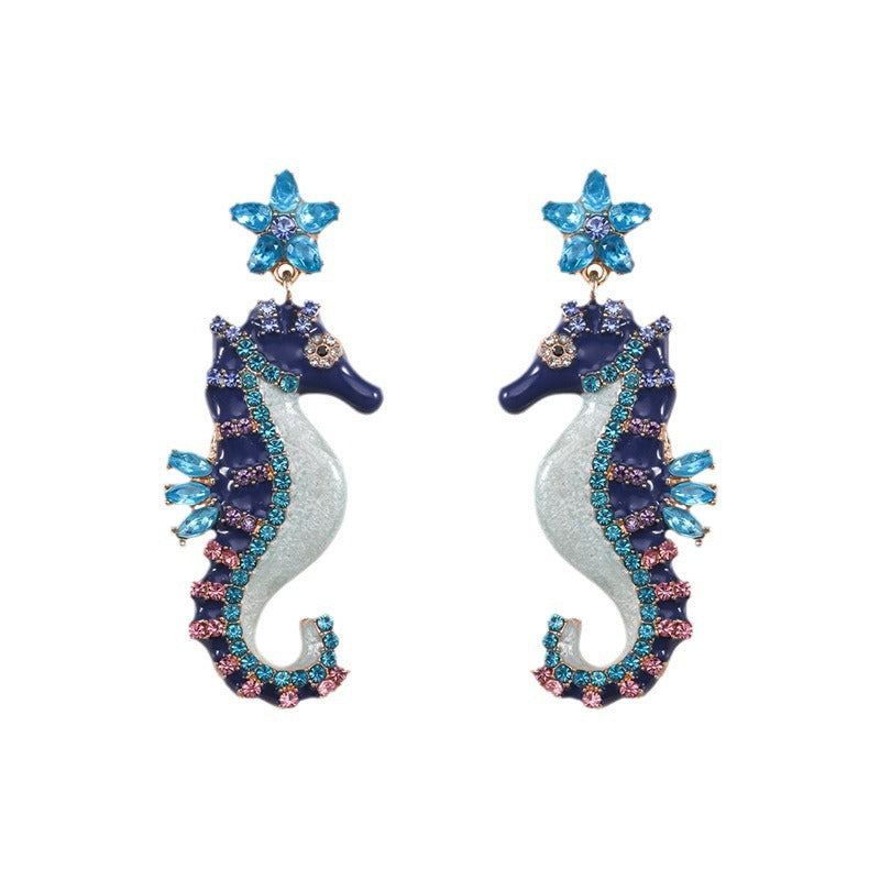 1 Pair Hawaiian Vacation Hippocampus Plating Inlay Alloy Artificial Gemstones Gold Plated Drop Earrings