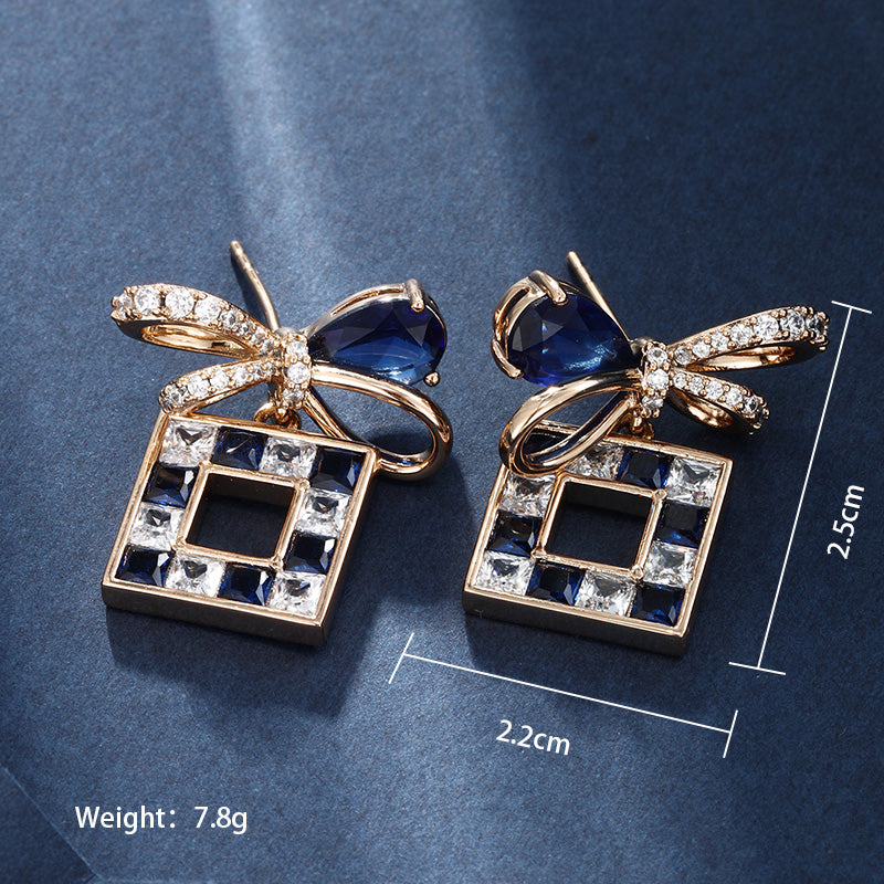 1 Pair Casual Glam Square Bow Knot Transparent Copper Alloy Artificial Gemstones 18k Gold Plated Drop Earrings