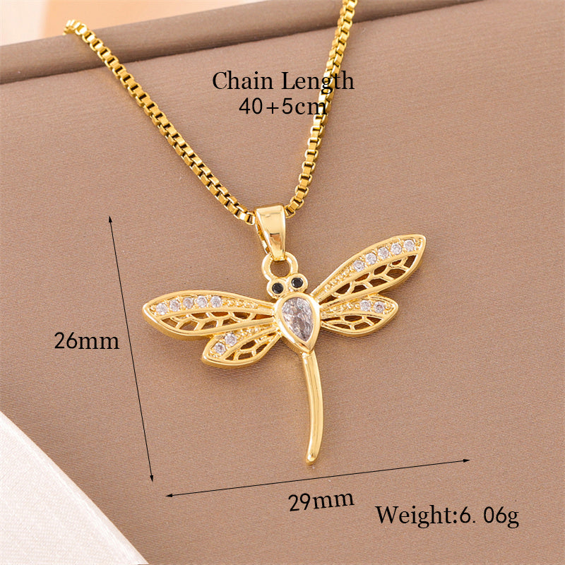 Retro Lady Roman Style Snake Bee Butterfly Stainless Steel Titanium Steel Enamel Plating Inlay Zircon 18k Gold Plated Pendant Necklace