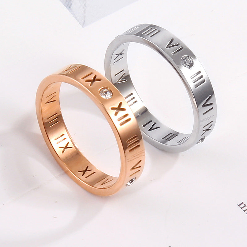 Simple Style Roman Numeral Titanium Steel Plating Hollow Out Inlay Zircon Gold Plated Rings