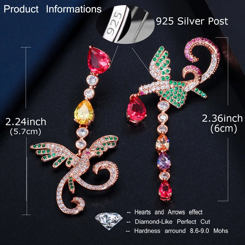 1 Pair Shiny Phoenix Water Droplets Tassel Asymmetrical Plating Inlay Copper Zircon Rhodium Plated Silver Plated Drop Earrings