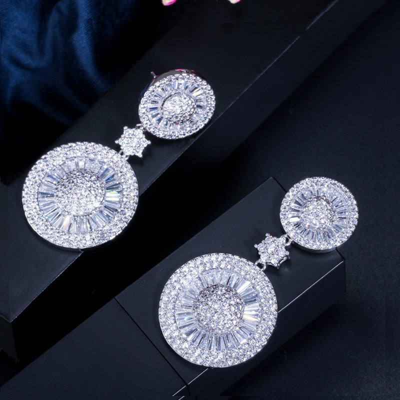 1 Pair Lady Round Snowflake Plating Inlay Copper Zircon Rhodium Plated Silver Plated Drop Earrings