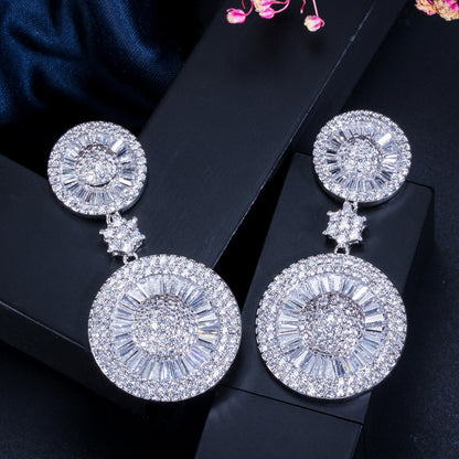 1 Pair Lady Round Snowflake Plating Inlay Copper Zircon Rhodium Plated Silver Plated Drop Earrings