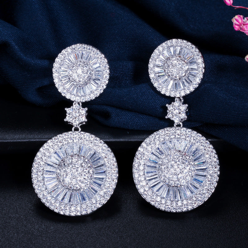 1 Pair Lady Round Snowflake Plating Inlay Copper Zircon Rhodium Plated Silver Plated Drop Earrings