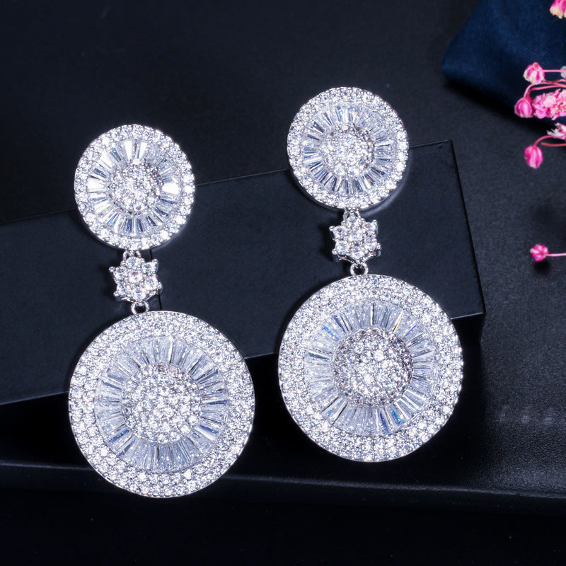 1 Pair Lady Round Snowflake Plating Inlay Copper Zircon Rhodium Plated Silver Plated Drop Earrings