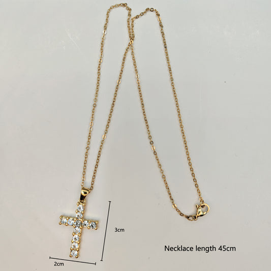 Simple Style Cross Stainless Steel Plating Inlay Rhinestones 18k Gold Plated Pendant Necklace