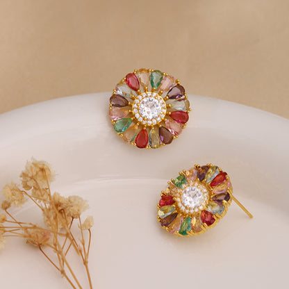 1 Pair Ig Style Bohemian Shiny Round Plating Hollow Out Inlay Copper Artificial Gemstones Zircon 18k Gold Plated Ear Studs