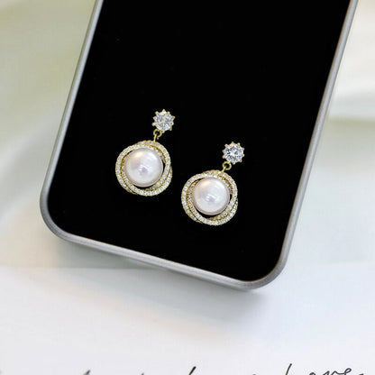 Luxurious Simple Style Round Brass Plating Inlay Pearl Zircon 18k Gold Plated Earrings Necklace