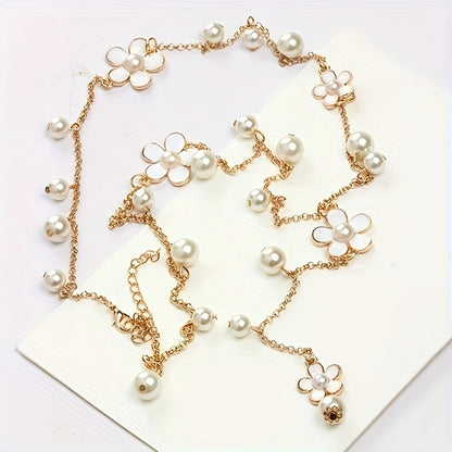 Casual Classic Style Flower Alloy Pearl Women's Sweater Chain Necklace