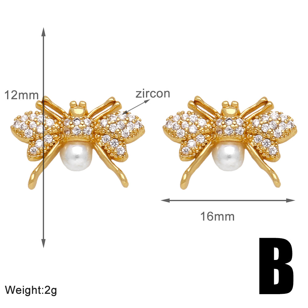 1 Pair Simple Style Star Petal Bee Plating Inlay Copper Zircon 18k Gold Plated Ear Studs