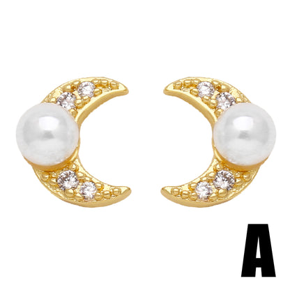 1 Pair Modern Style Simple Style Round Moon Plating Inlay Copper Artificial Pearls Zircon 18k Gold Plated Ear Studs