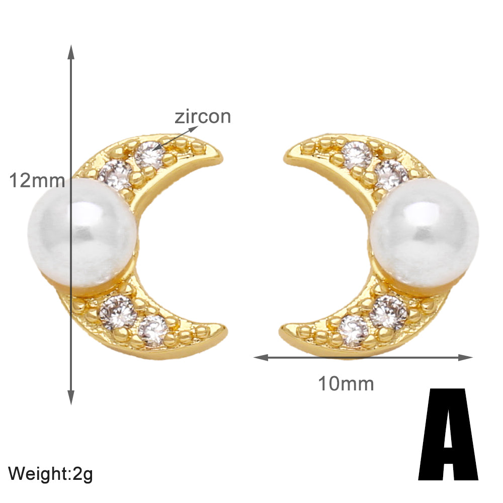 1 Pair Modern Style Simple Style Round Moon Plating Inlay Copper Artificial Pearls Zircon 18k Gold Plated Ear Studs