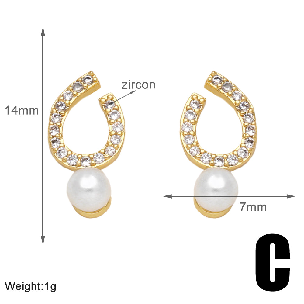 1 Pair Modern Style Simple Style Round Moon Plating Inlay Copper Artificial Pearls Zircon 18k Gold Plated Ear Studs