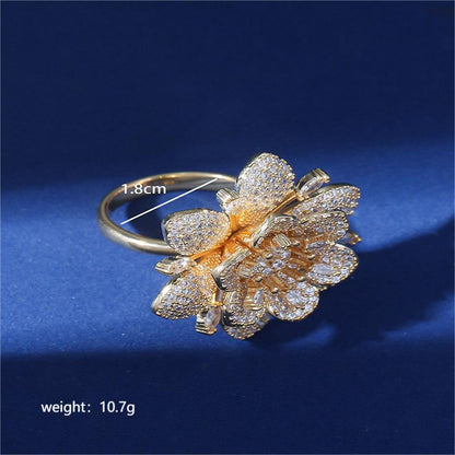 Exaggerated Luxurious Shiny Flower Copper Plating Inlay Zircon 18k Gold Plated Open Rings