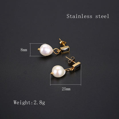 1 Pair Elegant Simple Style Geometric Plating Inlay Stainless Steel Freshwater Pearl Zircon 18k Gold Plated Drop Earrings