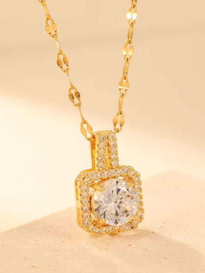 Elegant Simple Style Square Stainless Steel Brass Plating Inlay Zircon 14k Gold Plated Pendant Necklace