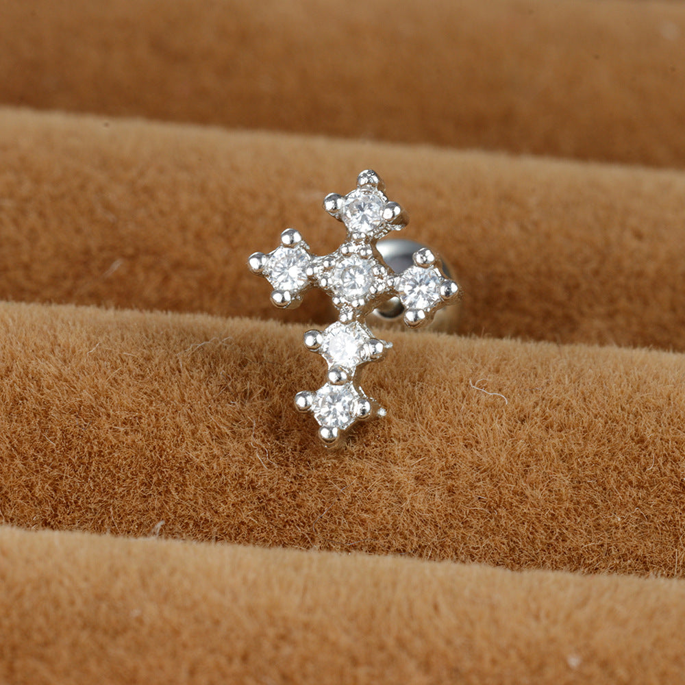 1 Piece Shiny Cross Plating Inlay Stainless Steel Zircon Ear Studs